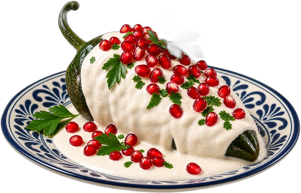 Chiles en Nogada de Delicias Marbe: chile poblano relleno bañado en nogada, con granada y perejil